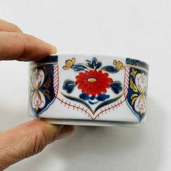 Ashibi Japan Trinket Box Dish 4” Porcelain Flower White Gold Red Storage Oval - Picture 2 of 10